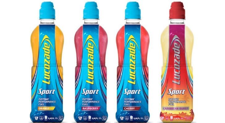 Four bottles of Lucozade drinks in four different flavors.