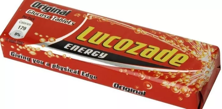 A packet of Lucozade Energy tablets.