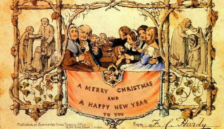 The first Christmas card with adults and children holding up a glass of wine while celebrating festivities