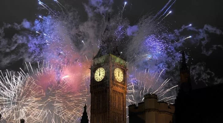 Big Ben in London surrounded by fireworks