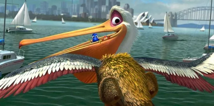 Nigel flying with Marlin and Dory in his mouth in Finding Nemo.