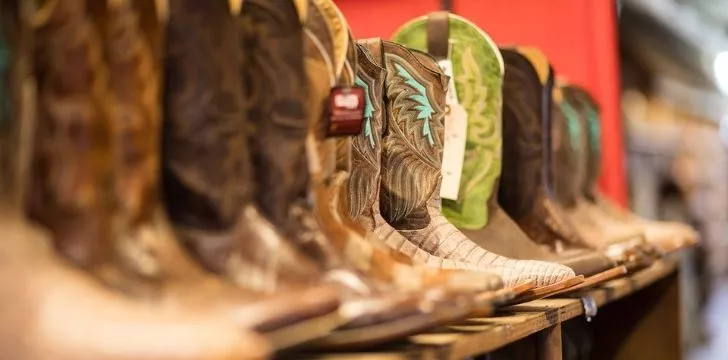 A row of different types of cowboy boots