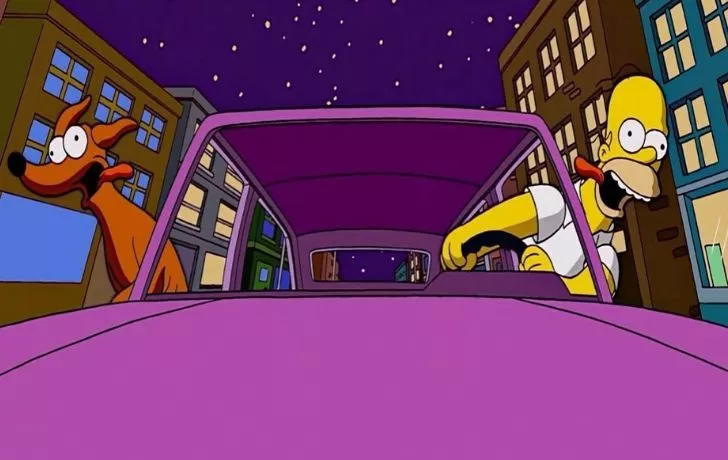 Santa's Little Helper in a car with Homer