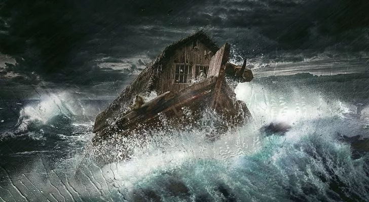 Noah's ark enduring a storm during the great flood
