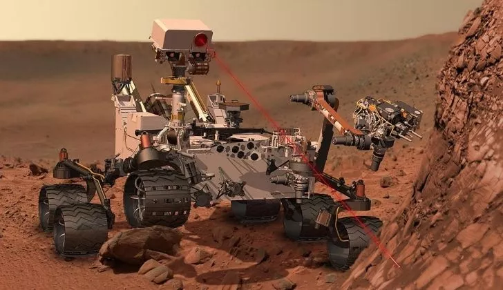 Mars Rover robot on computer-generated martial land