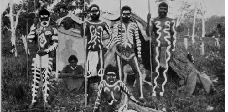 A black and white image of a group of native aborigines