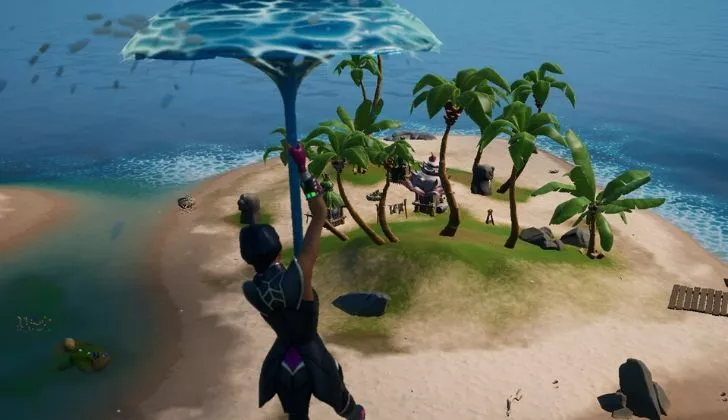 Flying across waters to an island in Fortnite.