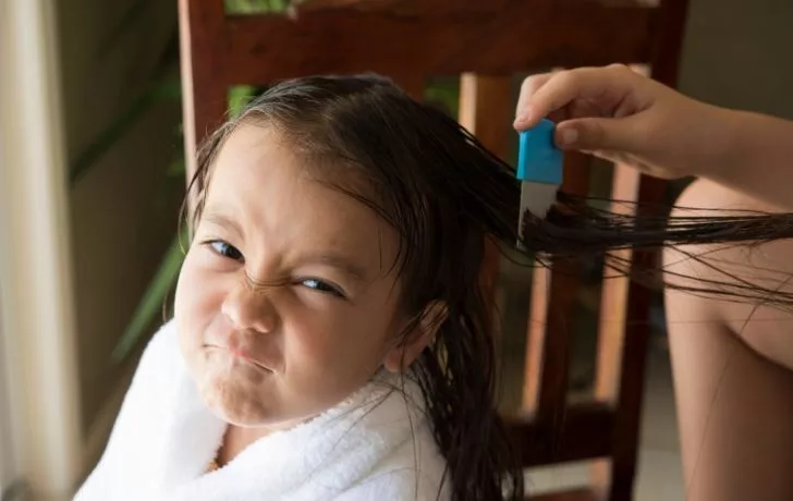 Annesi tarakla saçlarında bit olup olmadığını kontrol ederken yüzünü buruşturan bir kız