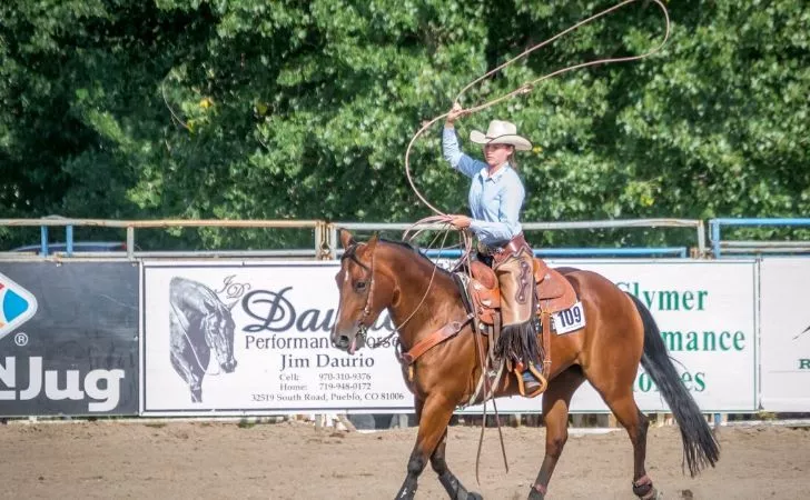 A woman riding a horse at rodeo fair in Colorado