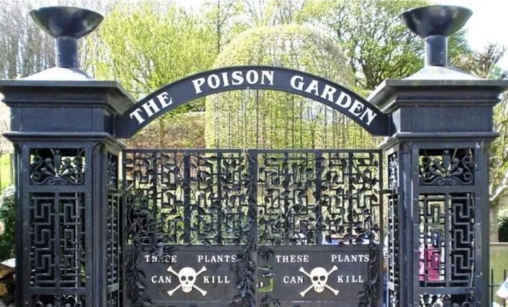 Big black gates reading The Poison Garden