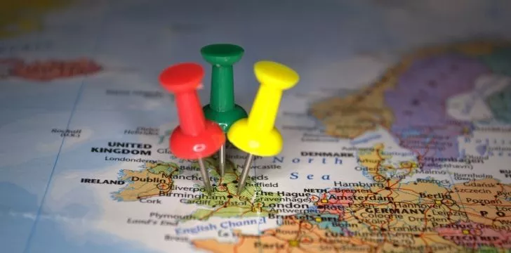 Three pin points on a map of the UK.