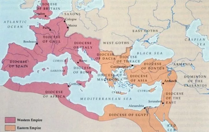 A map showing the two empires of Ancient Romans mostly populated around the Mediterranean countries.