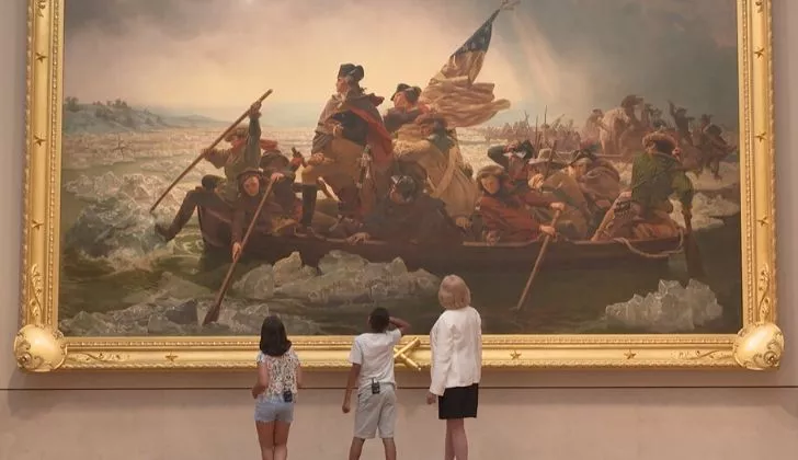 Three children looking at an old painting in an art gallery.