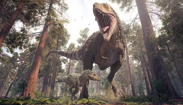 T-Rex chasing another smaller dinosaur.