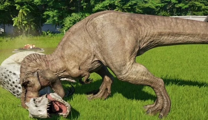 T-Rex eating another dinosaur.