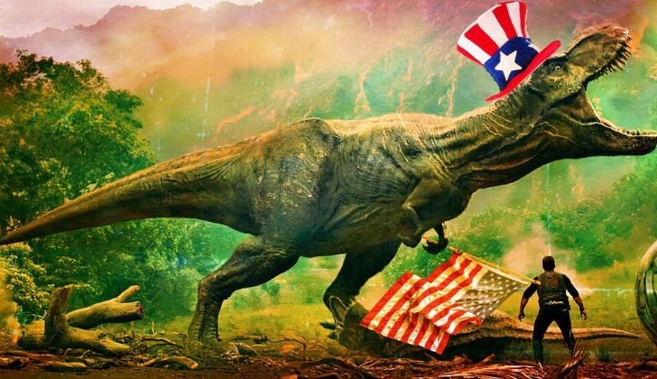 A T-Rex wearing a top hat with the American flag on it.