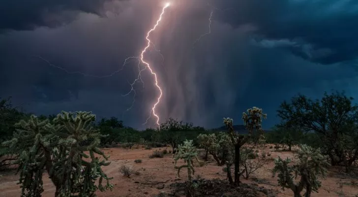Lightning striking the ground during a monsoon in Arizona.