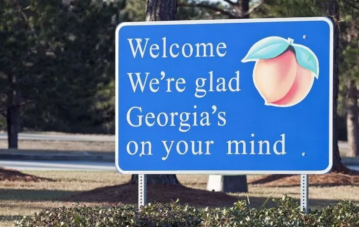 A welcome sign with a picture of a peach and the words "Welcome, we're glad Georgia's on your mind"
