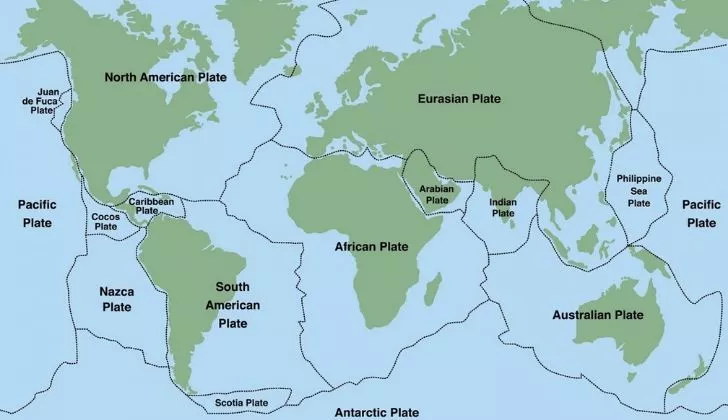 A map showing major tectonic plates around the world