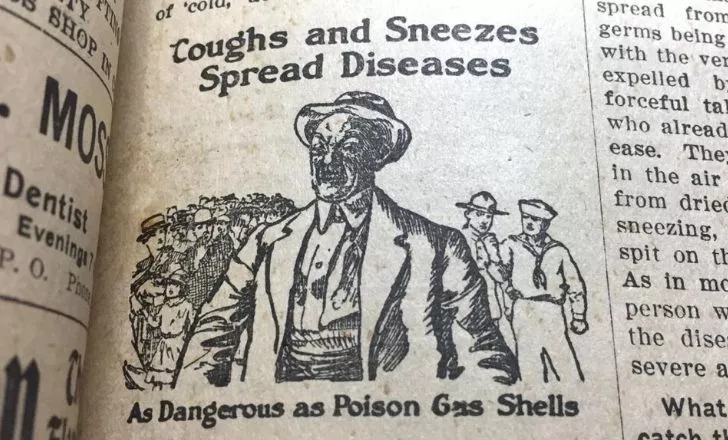 A newspaper warning how "coughs and sneezes spread diseases"