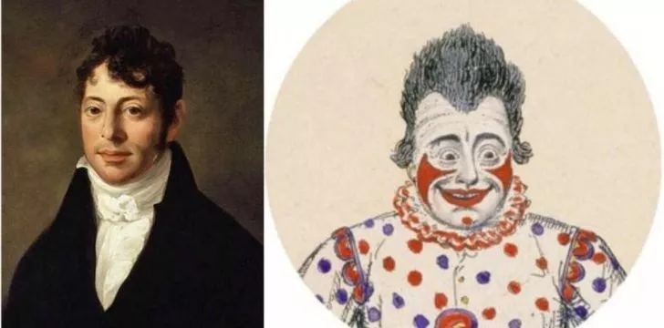 A picture of the first famous clown Joseph Grimaldi as himself and a as a clown