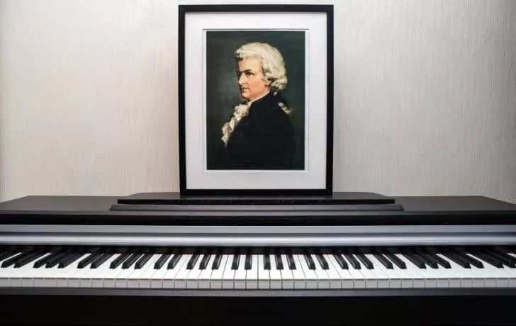 A piano with a photo of Mozart behind it on the wall