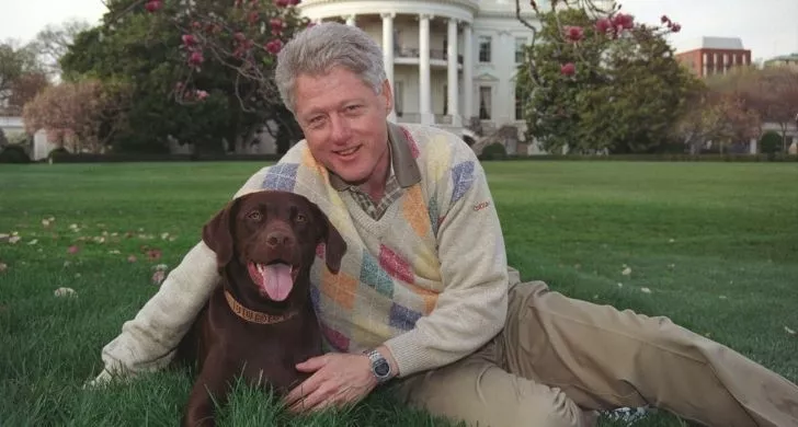 Bill Clinton with his dog sitting on the grass outside the White House