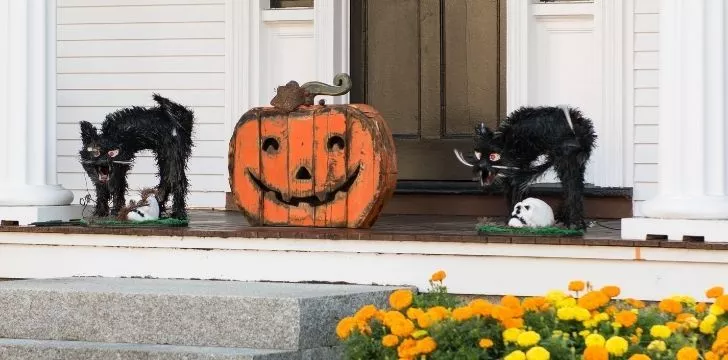 Two scary black cat decorations outside somebody's house