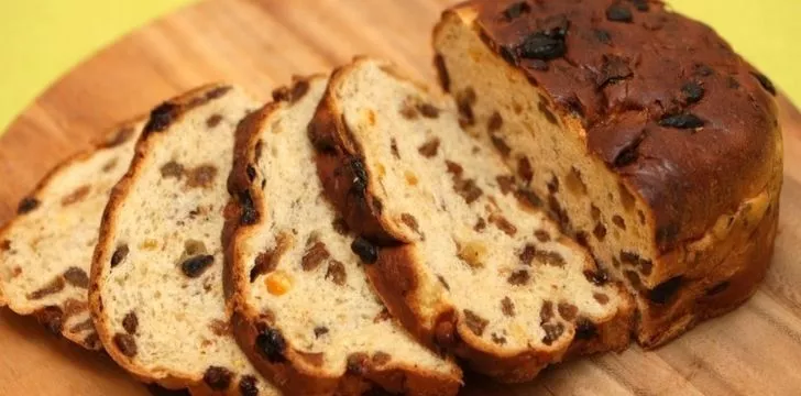 An Irish barmbrack cake with dried fruit inside