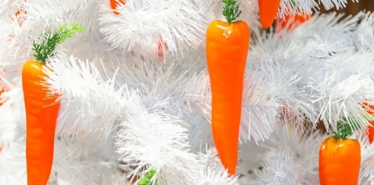 Carrots hanging on a Christmas tree