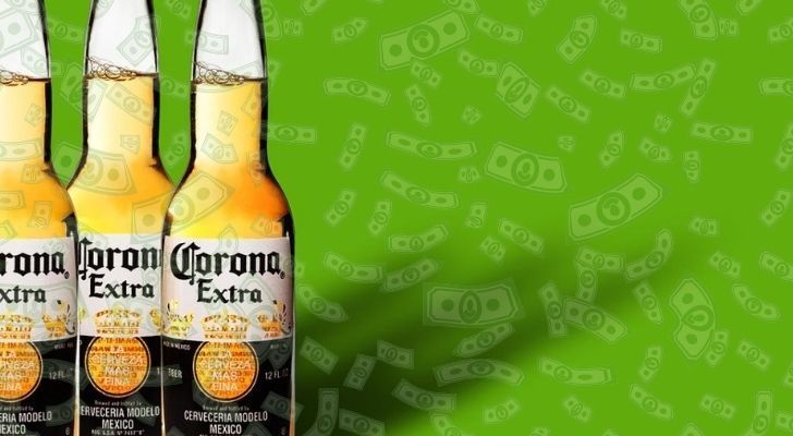 Three Corona beer bottles with a green background and lots of falling money
