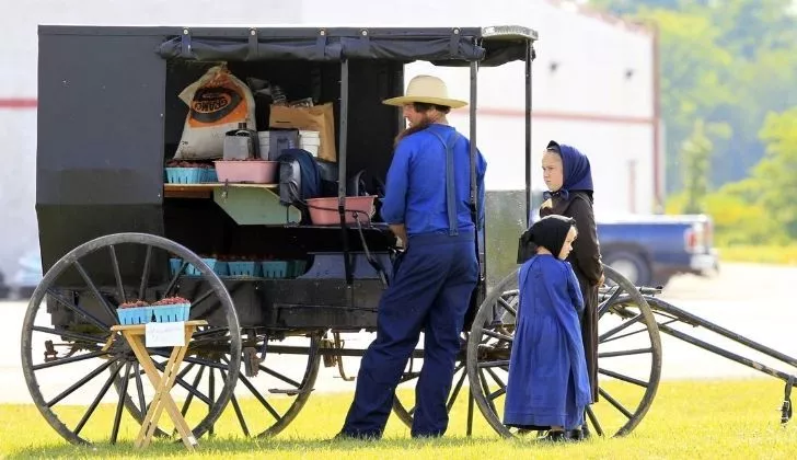 An Amish family wearing traditional Amish clothing