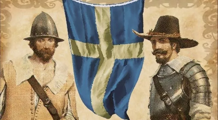 An illustration of two Sweden explorers with the Swedish flag between them