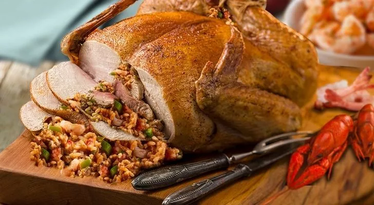 Turducken meal with duck and chicken stuffed inside a turkey