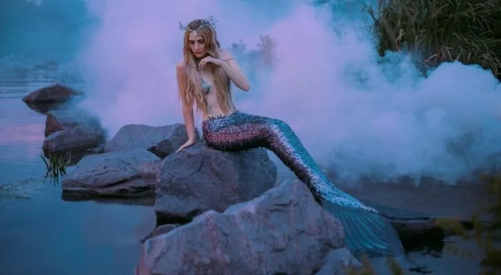 A mermaid sitting on a rocks near the ocean