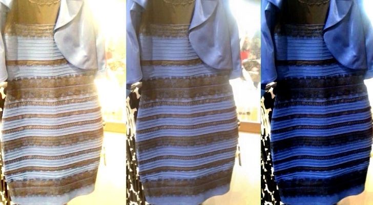 Three dresses in gold and white and blue and black