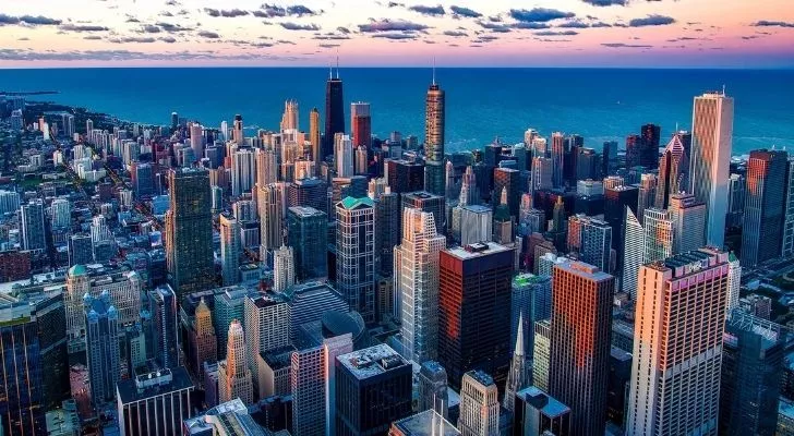 View from the sky of the densely populated of downtown Chicago