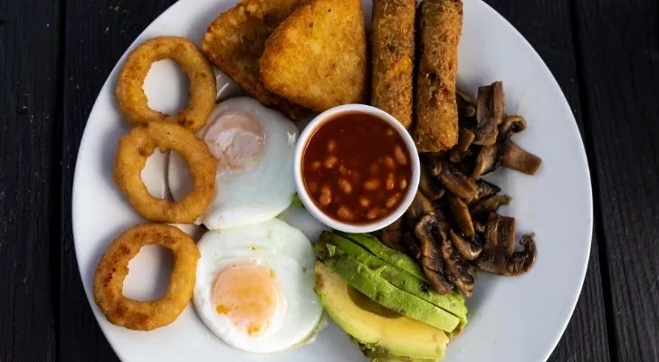 A veggie fried breakfast with vegetarian sausages
