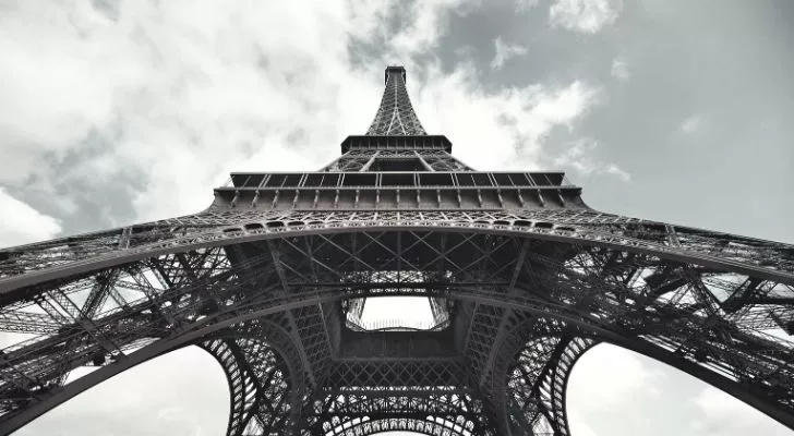 Looking up at the Eiffel Tower from below