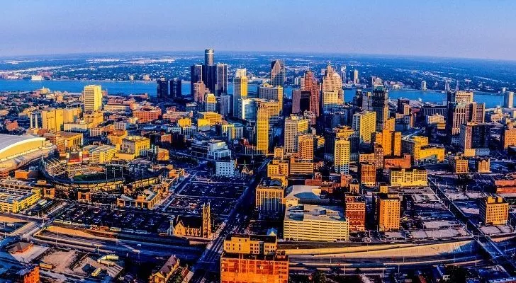 A dramatic skyline view of Detroit in the modern day