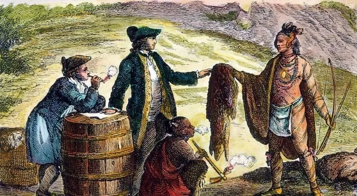 A painting of people trading fur in Michigan