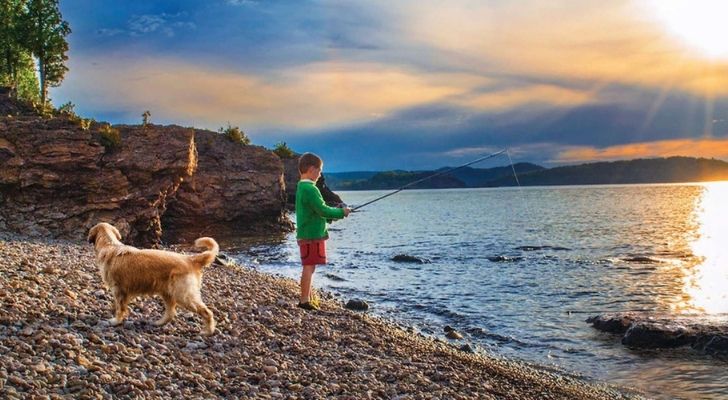 A boy fishing with his dog at Lake Huron