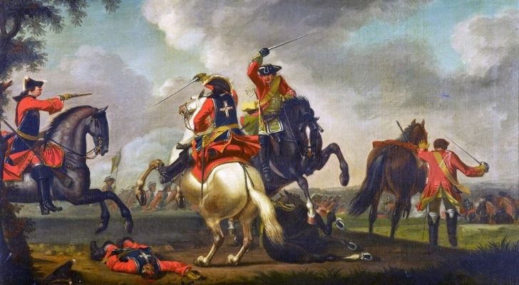 An artist painting of the Seven Years War showing soldiers on horses