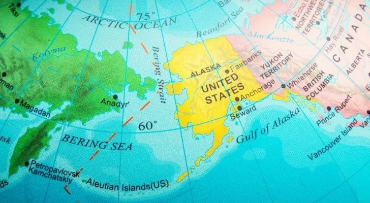 A map showing the Bering Strait between Russia and Alaska, US