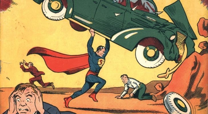 Superman en su cómic debut recogiendo un auto verde