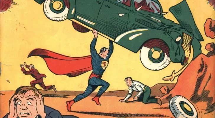 Superman in his debut comic lifting a green car