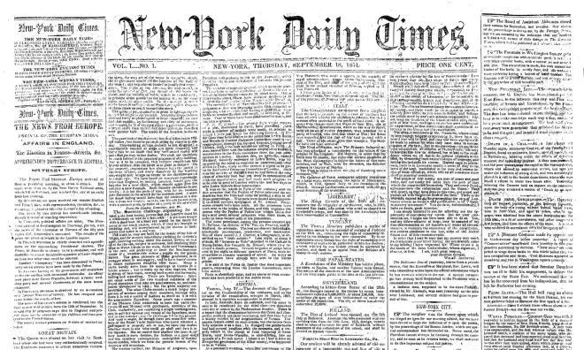 OTD in 1851: The New York Times published its first issue.