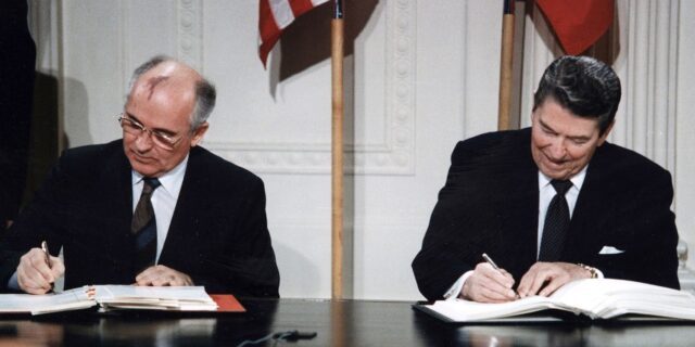 OTD in 1987: US President Ronald Reagan and Soviet leader Mikhail Gorbachev signed a treaty eliminating medium-range nuclear missiles.