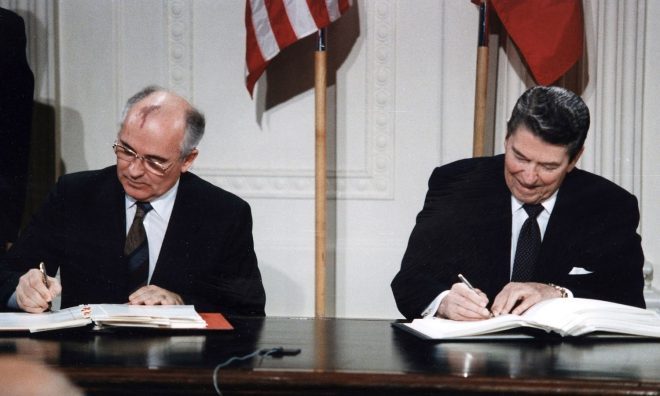 OTD in 1987: US President Ronald Reagan and Soviet leader Mikhail Gorbachev signed a treaty eliminating medium-range nuclear missiles.