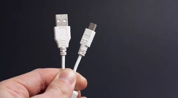 Someone holding up both ends of a USB cable